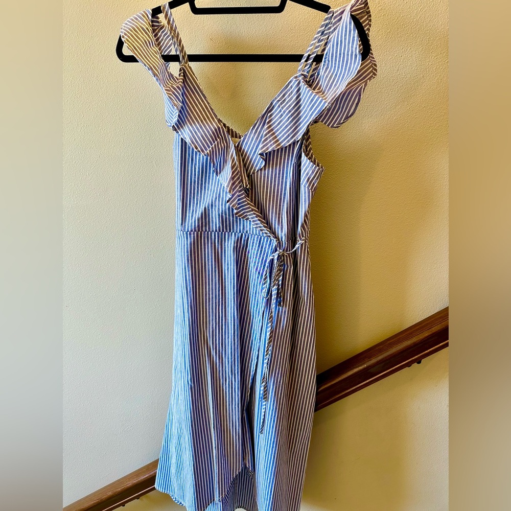 Denim blue and white striped wrap dress